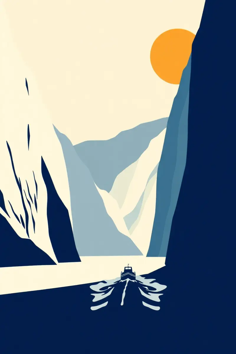 Illustration of a boat wake on a flooded canyon between vertical cliff walls