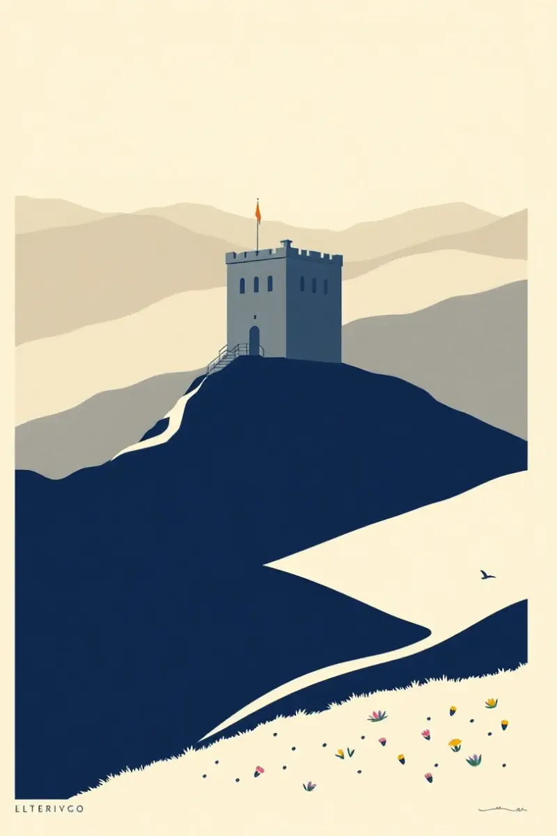 Illustration of a square stone tower house among steep summer meadows