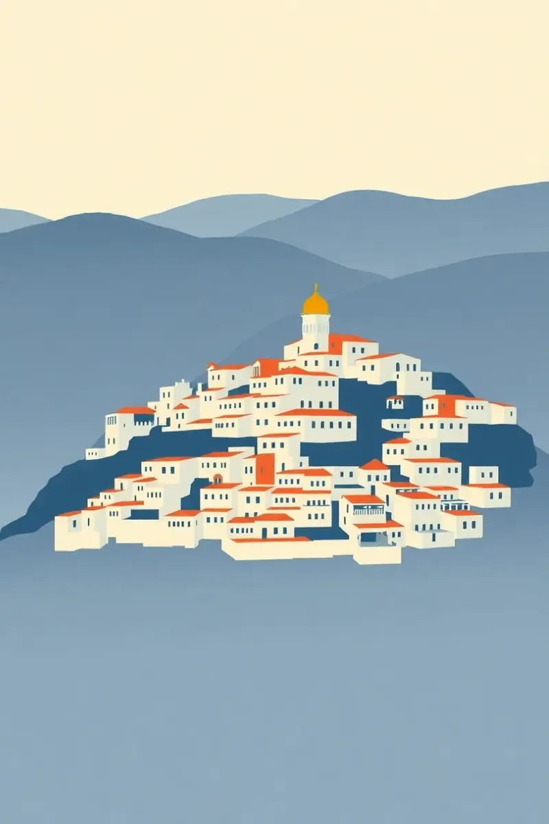 Illustration of a hillside stacked with white houses full of windows