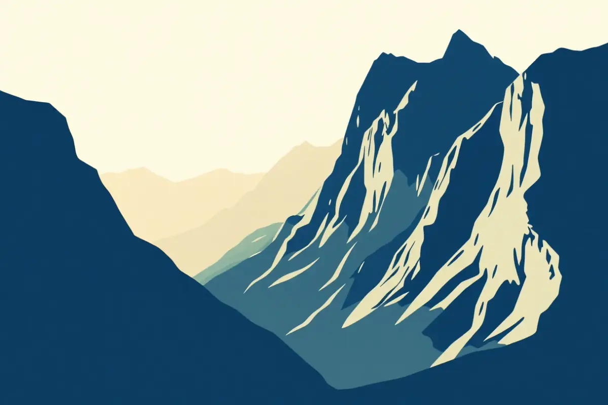 Illustration of sharp grey limestone alps rising above a narrow green valley