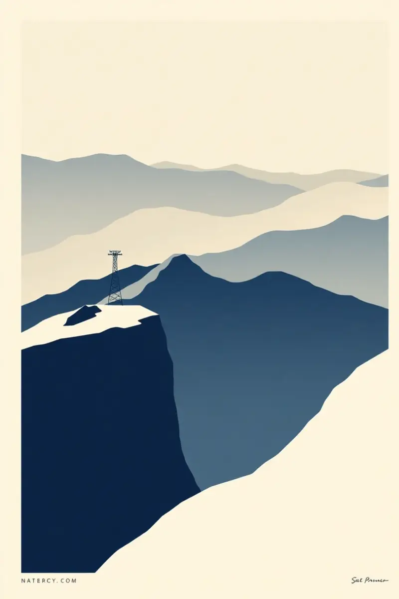 Illustration of a cable car pylon on a bare ridge above a deep gorge