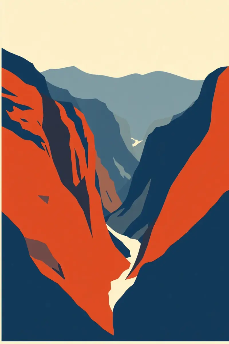 Illustration of layered red rock canyon walls narrowing into a dry gorge