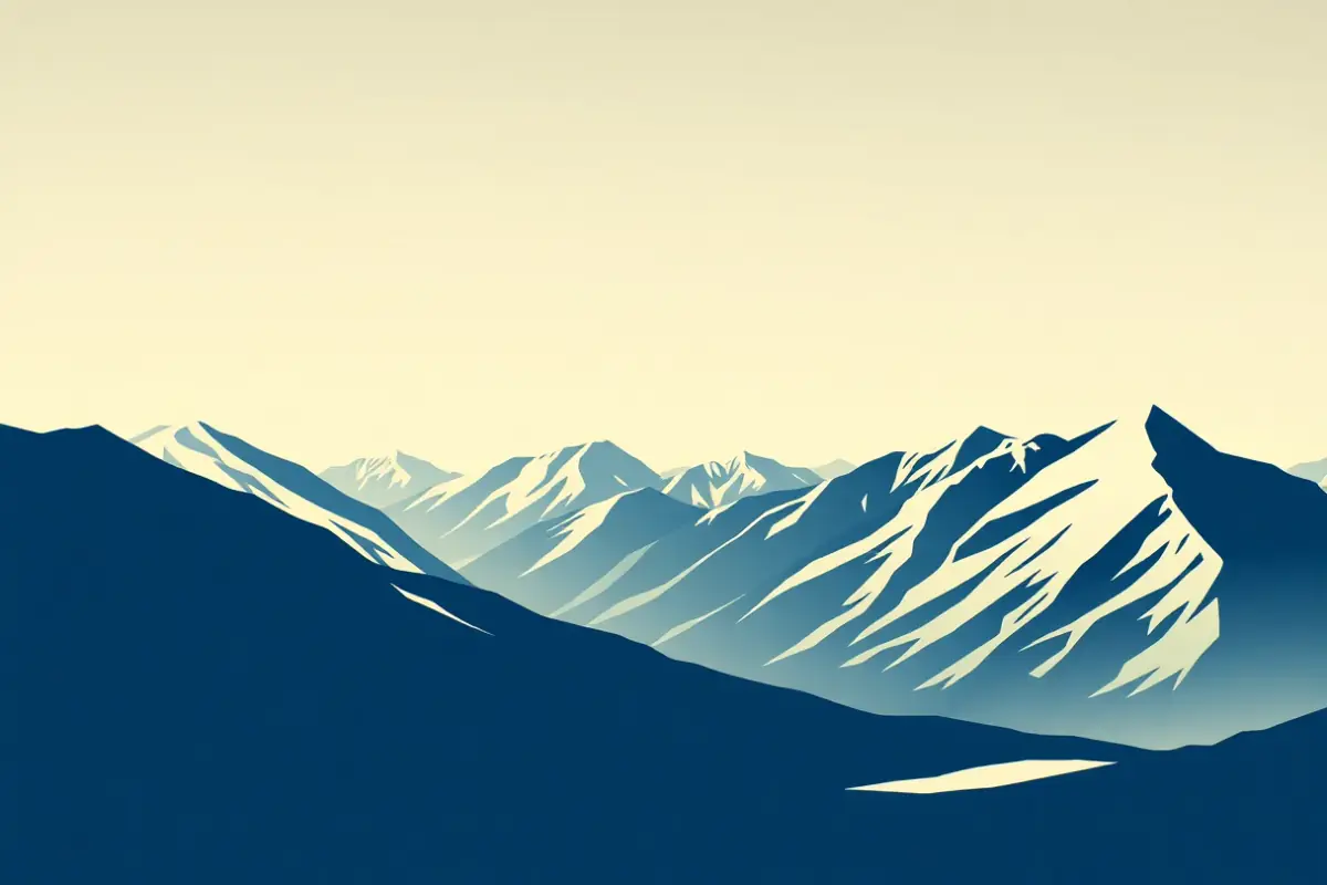 Illustration of a long wall of snow covered peaks above a wide low valley