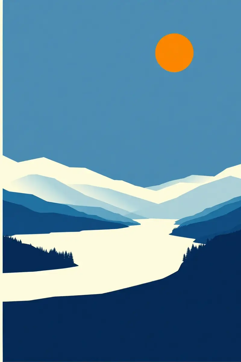 Illustration of a wide frozen river under low winter light