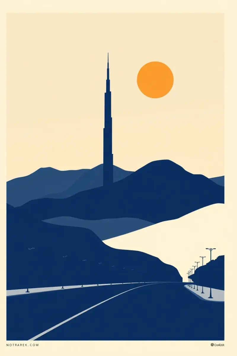 Illustration of a slender monumental tower rising from an empty boulevard