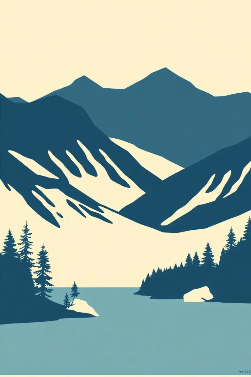 Illustration of pine forest and rounded granite outcrops beside a still lake