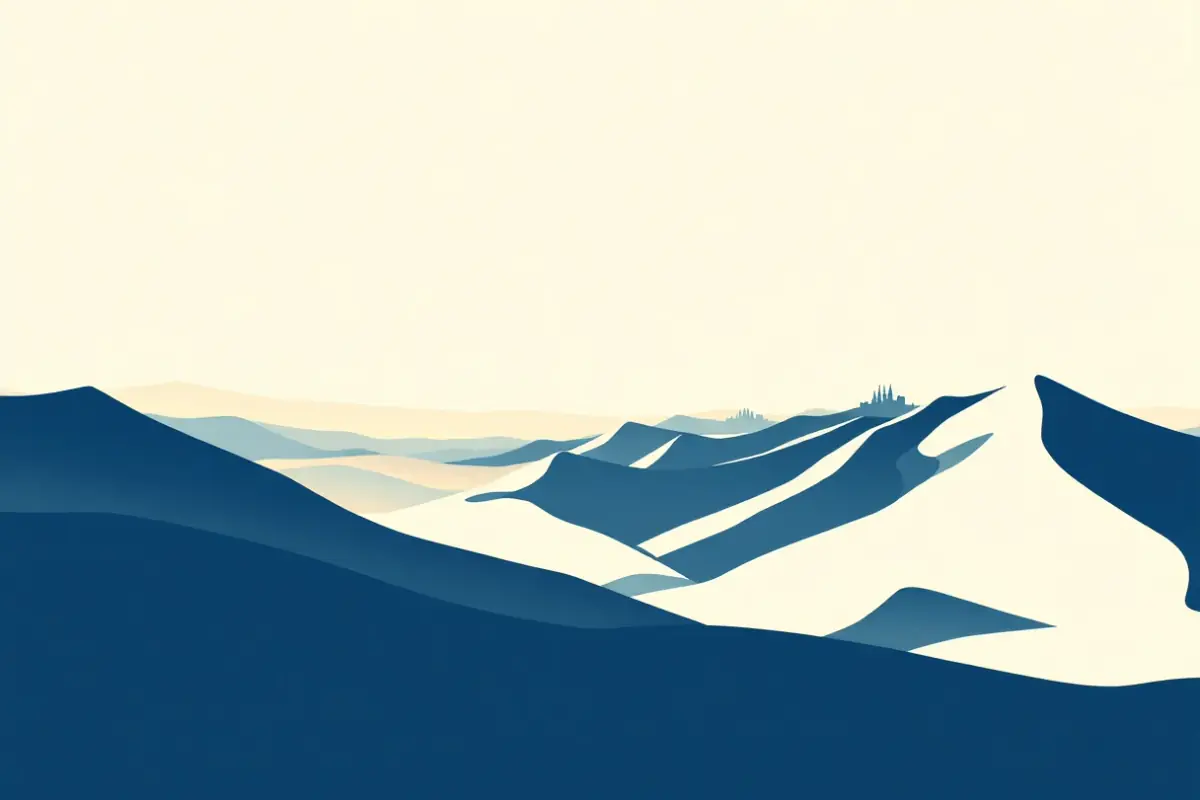 Illustration of an immense flat steppe under a pale sky with distant towers