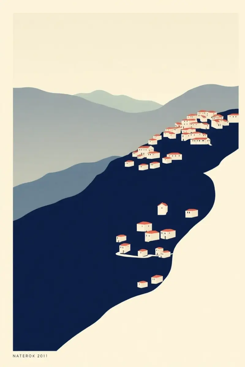 Illustration of a steep hillside crowded with small pale houses