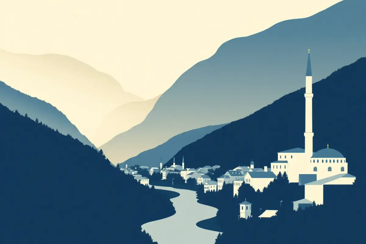 Illustration of a river valley town among steep wooded hills with slender minarets