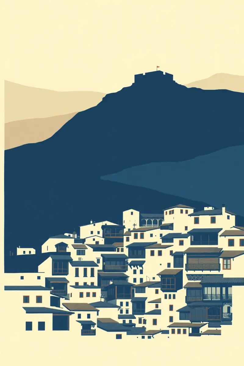 Illustration of a dense old town of carved wooden balconies below a hilltop fortress
