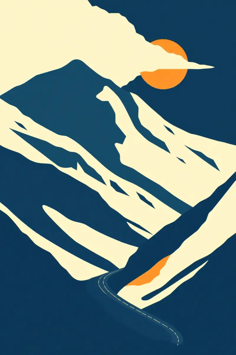 Illustration of a winding mountain highway climbing a bare pass under heavy cloud