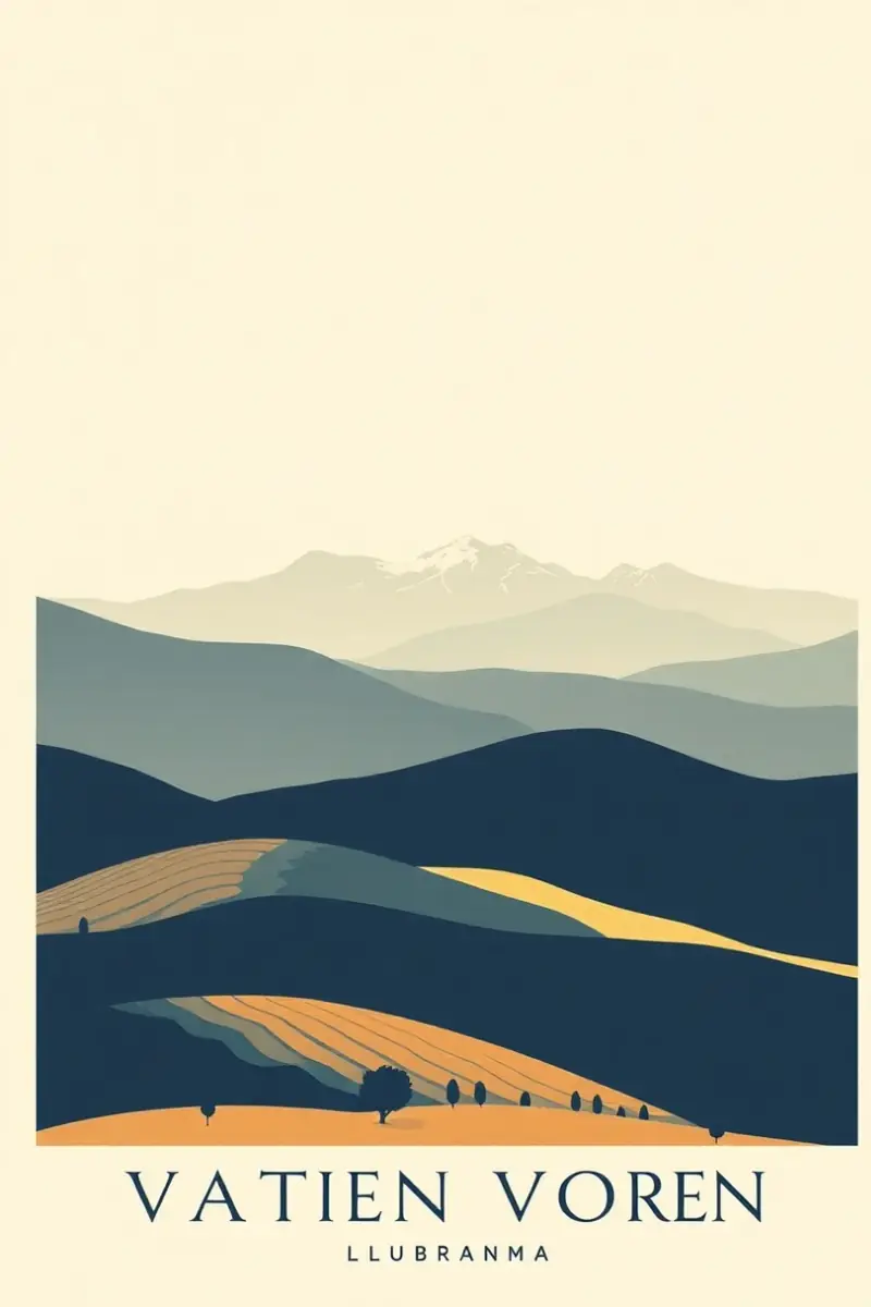 Illustration of rolling vineyard terraces running to a distant snow ridge