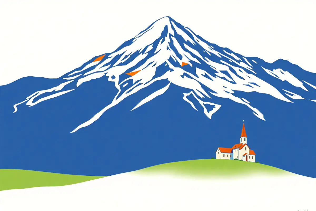 Illustration of a high snow covered peak above a green alpine meadow with a small stone church on a spur