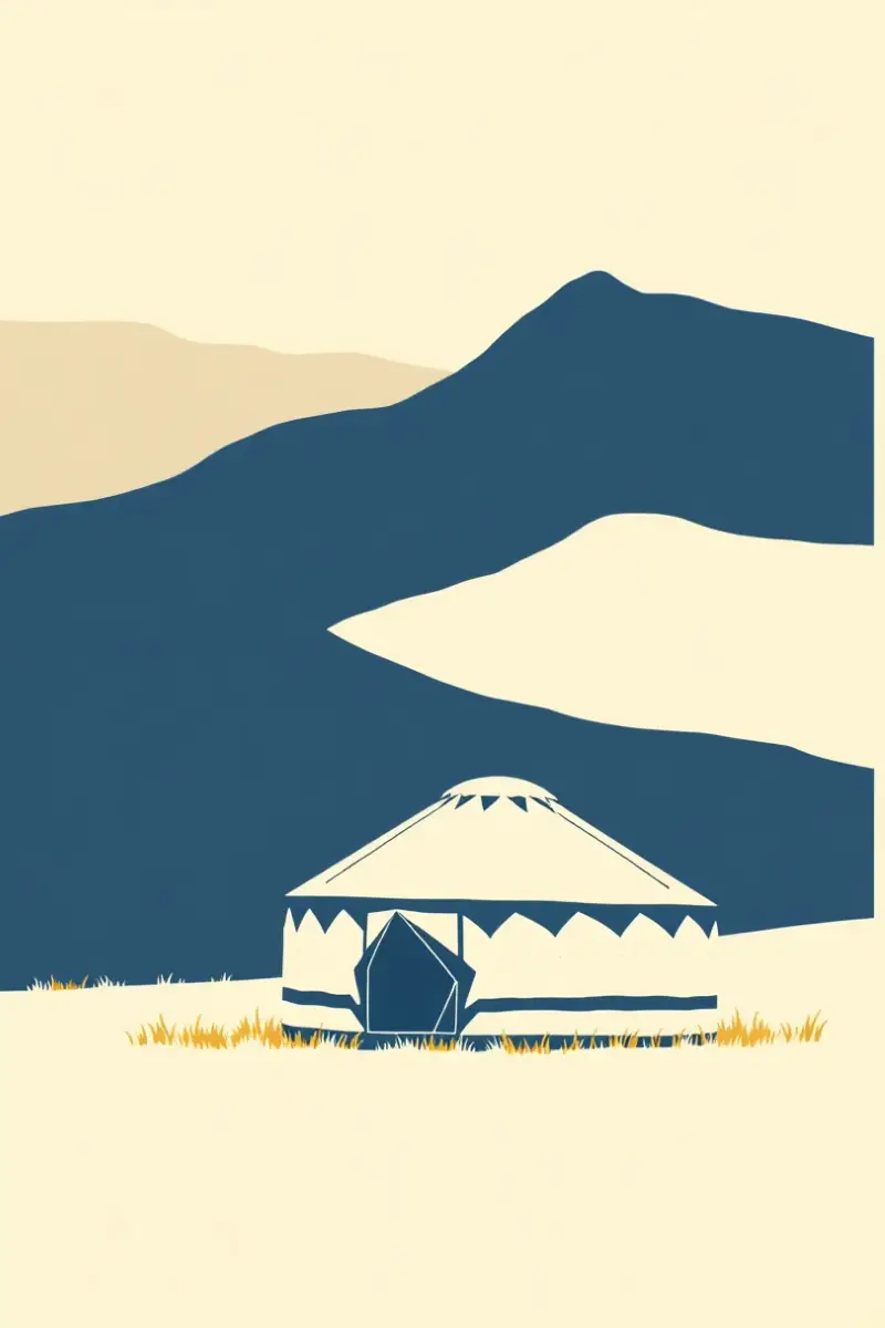 Illustration of a round felt yurt alone on summer pasture
