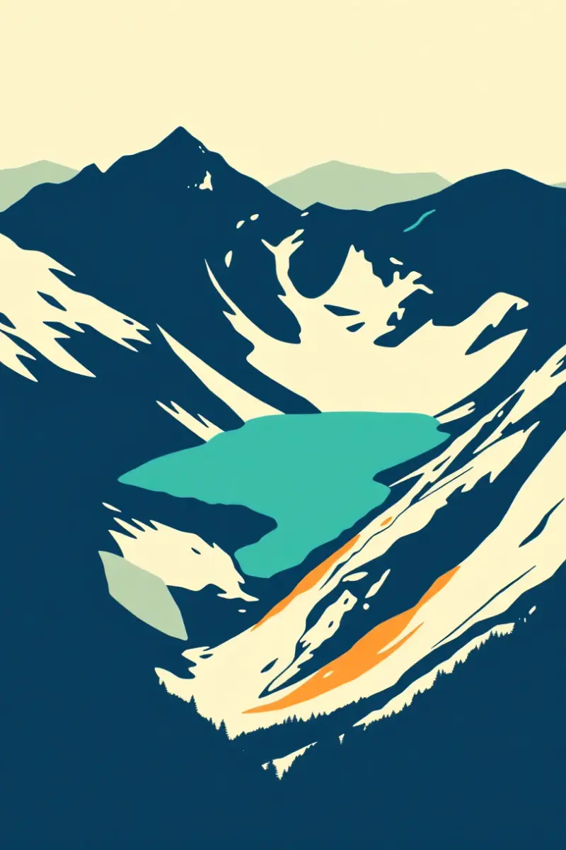 Illustration of a turquoise glacial lake in a rocky cirque above the treeline