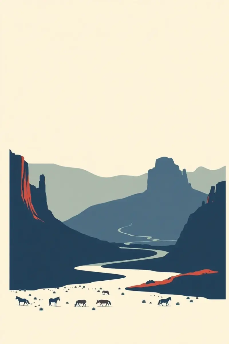 Illustration of a broad river valley of red rock spires and grazing horses