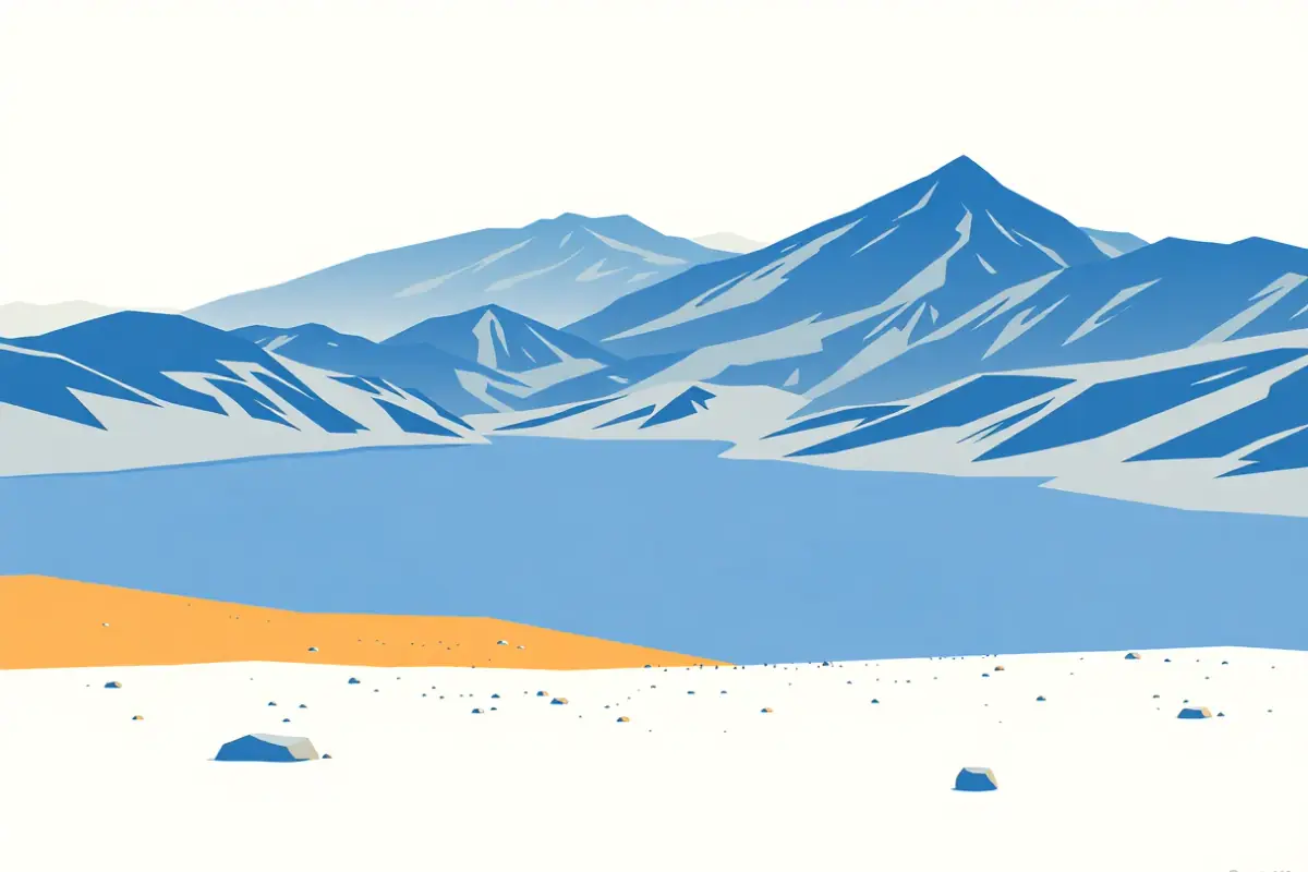 Illustration of a vast high altitude lake on an open grass plateau ringed by bare mountains