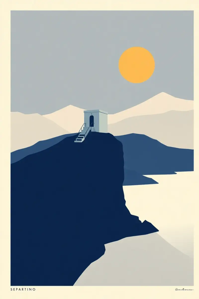 Illustration of a squat stone watchtower on a low cliff above open sea