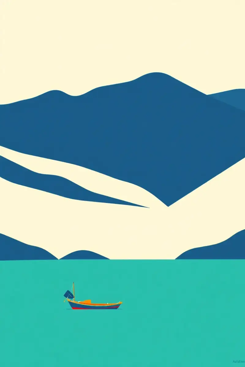 Illustration of a small brightly painted fishing boat on flat turquoise water