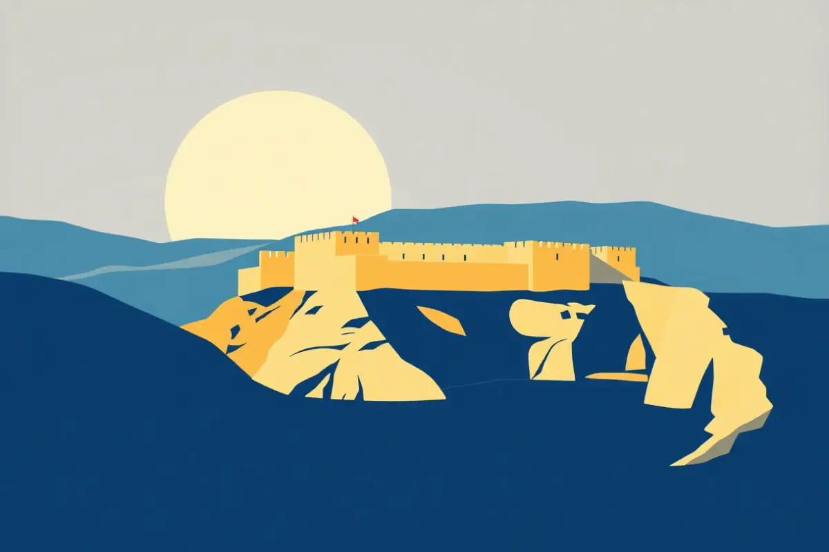 Illustration of honey coloured limestone fortifications above a deep blue harbour