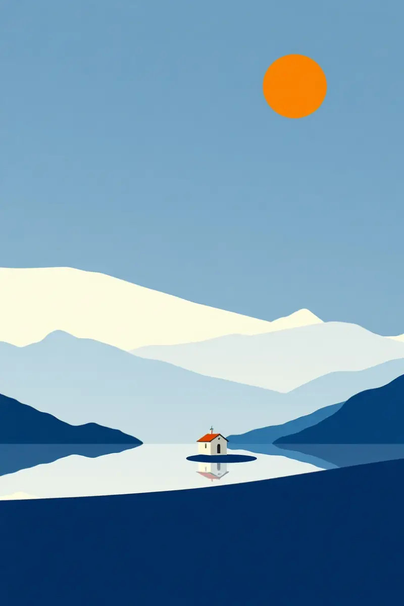 Illustration of a tiny island church on perfectly flat water