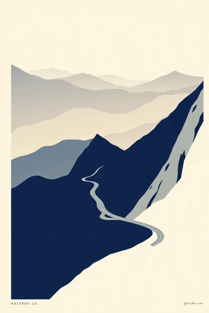 Illustration of a switchback road climbing a bare grey mountain face
