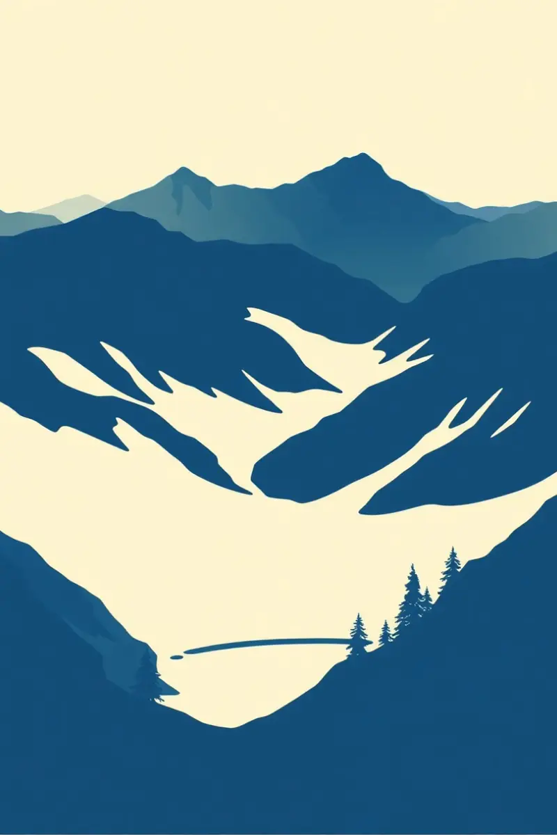 Illustration of a high limestone plateau with a glacial lake and scattered pines