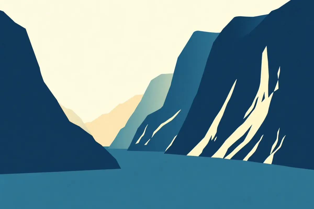 Illustration of a deep fjord like bay enclosed by dark steep mountains