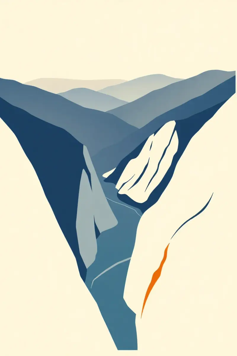 Illustration of a narrow water filled gorge between smooth pale cliff walls