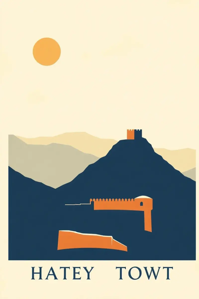 Illustration of a mud brick fort with a round tower against bare mountains