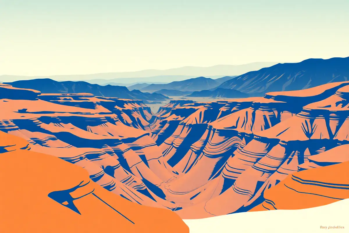 Illustration of a deep dry canyon of layered ochre rock under a hard blue sky