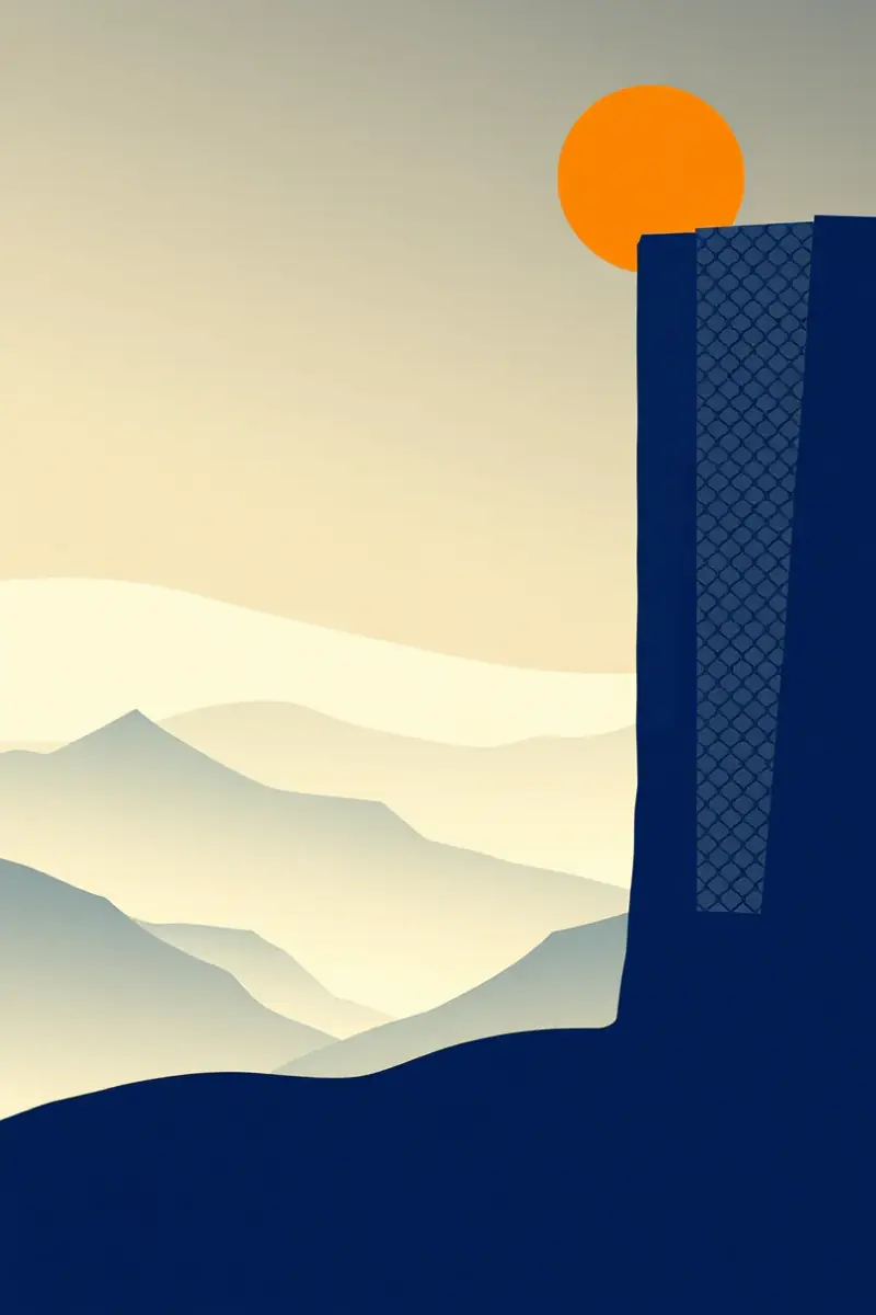 Illustration of a tall tiled arch portal covered in geometric patterning