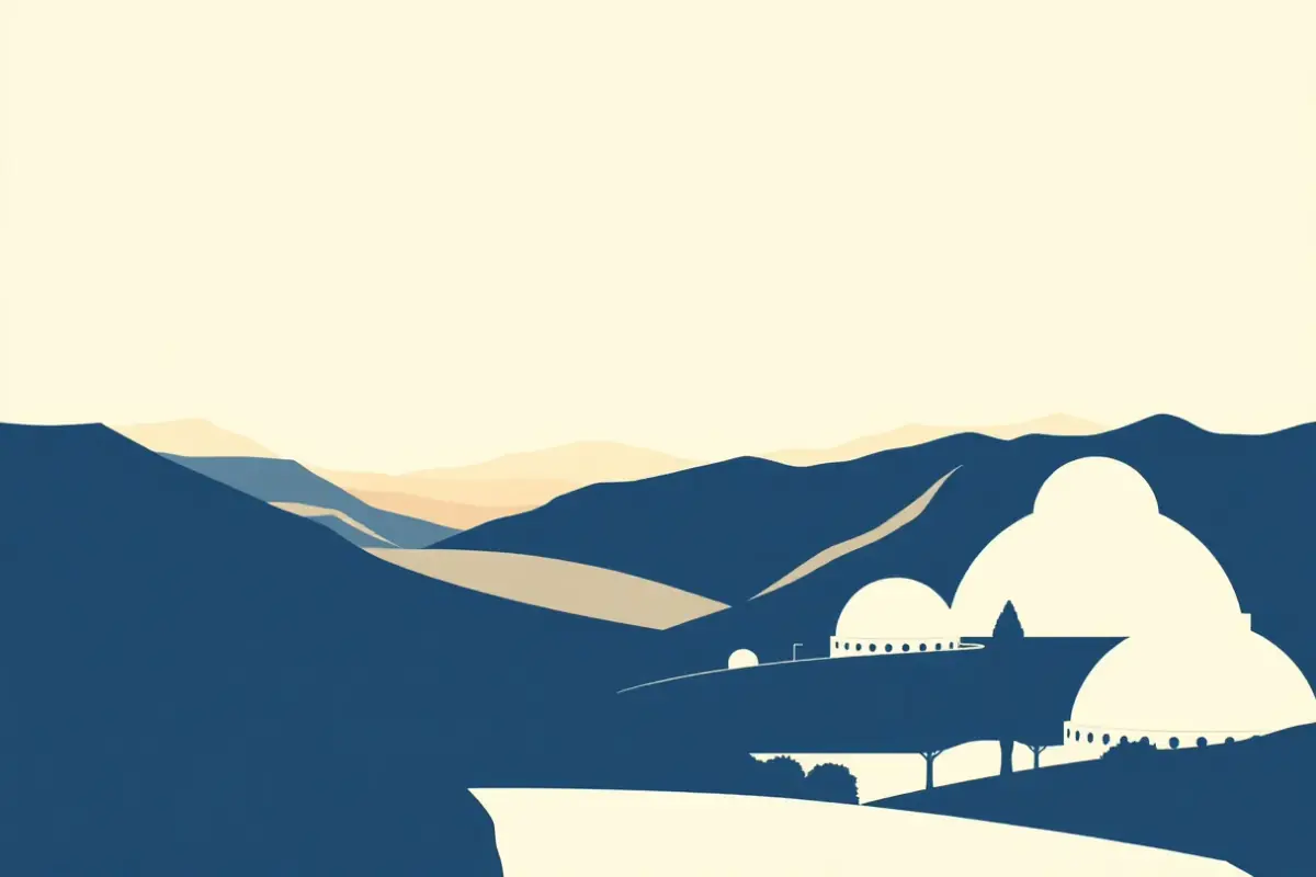 Illustration of poplar avenues and low domes under a hot dry sky